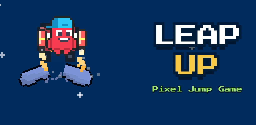 The Leap UP hero, a red pixel-art character in a blue cap, wearing a jetpack in a starry night sky next to the title “Leap UP: Pixel Jump Game”.